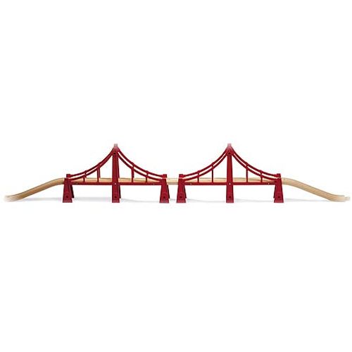 Brio rode houten dubbele hangbrug voor speelgoedtreinen.
