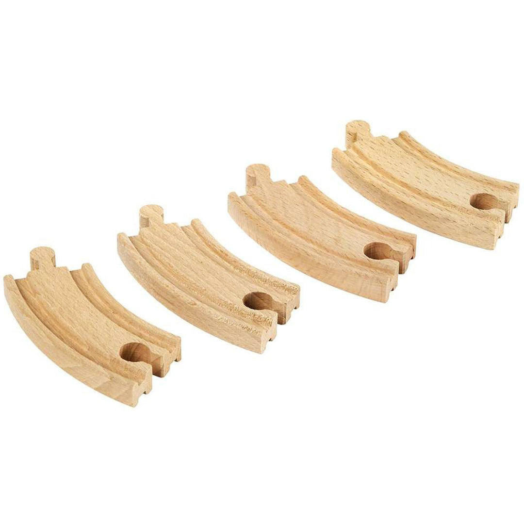 Vier Brio houten gebogen korte rails voor speelgoedtreinen.
