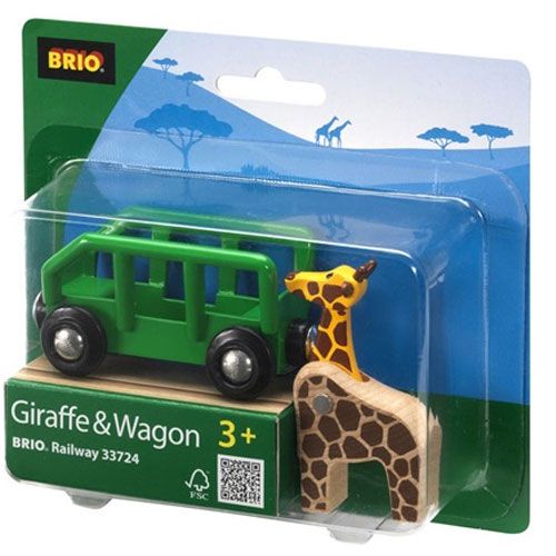 De verpakking van de Brio houten speelgoedtreinwagon met giraffe.
