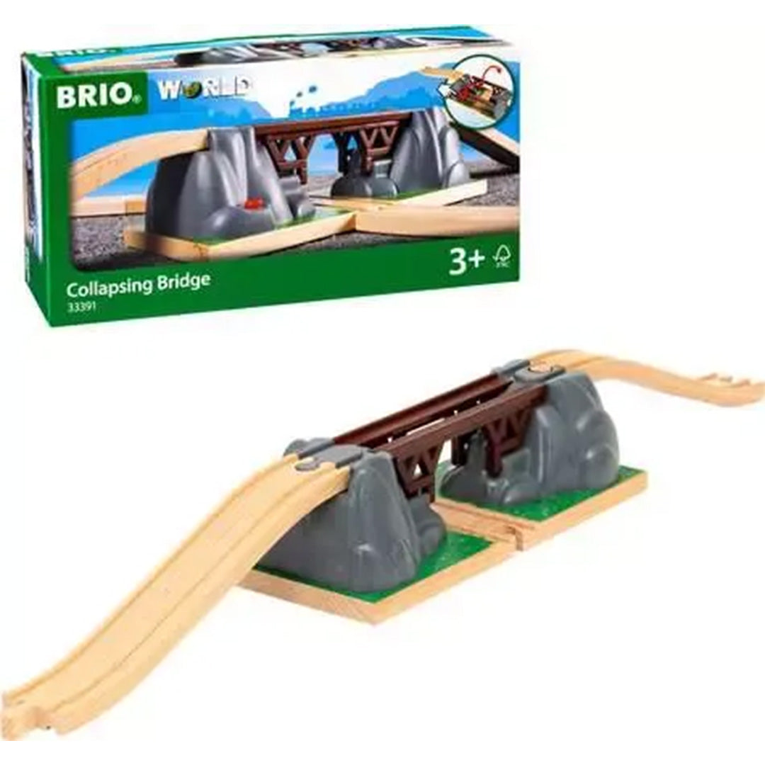 De Brio houten instortende brug met de productverpakking ernaast.