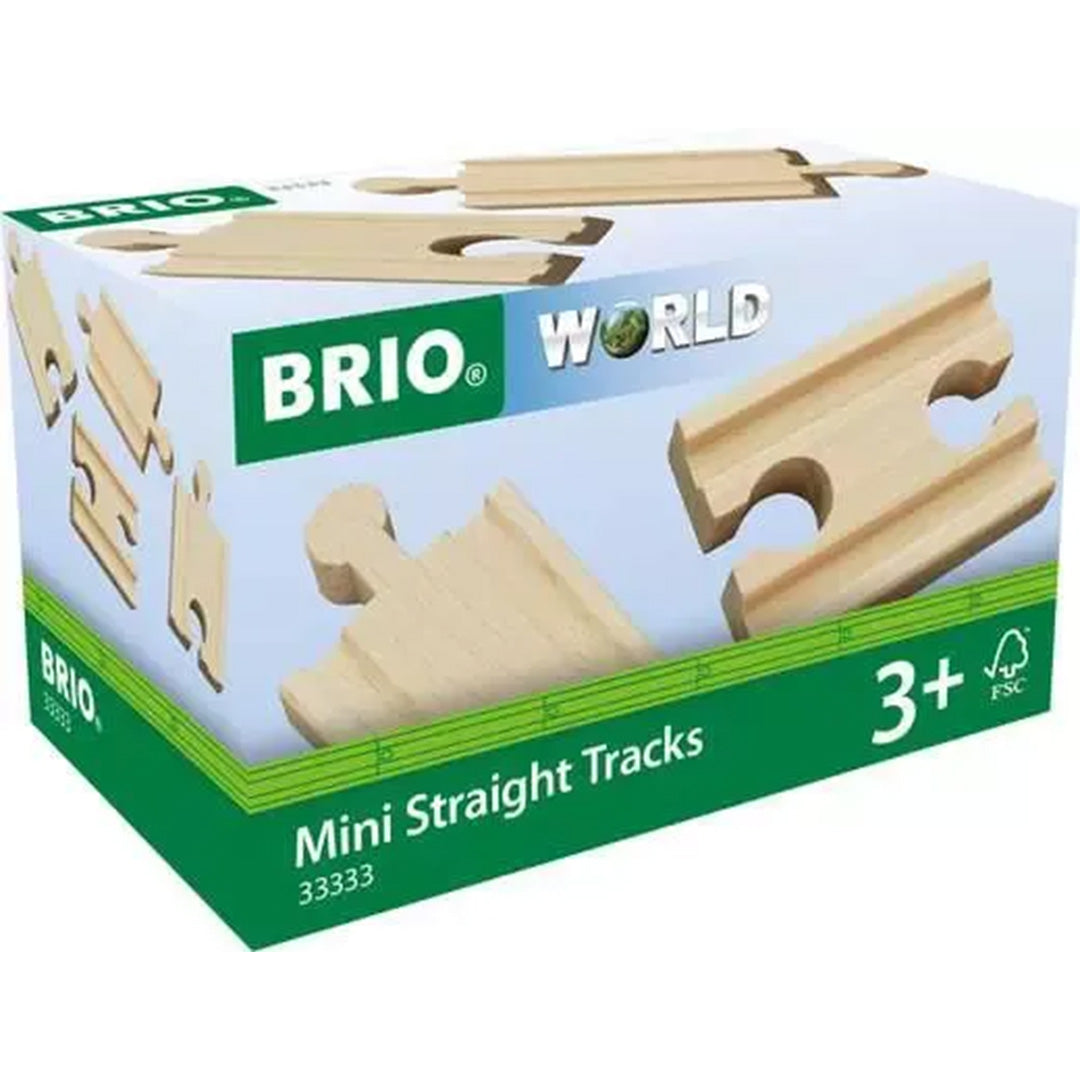 De verpakking van Brio Mini Straight Tracks, met afbeeldingen van de houten rails.