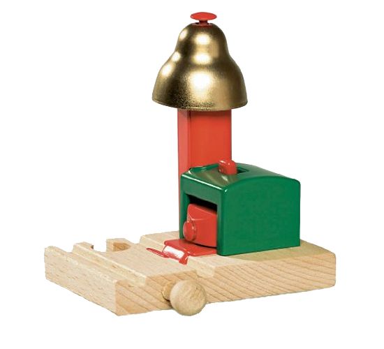 Brio veelkleurige houten spoorbel met gouden bel, rode paal en groen mechanisme op een houten railsegment.