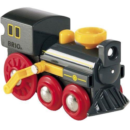 Brio zwarte houten speelgoed stoomlocomotief met rode wielen en gele details.