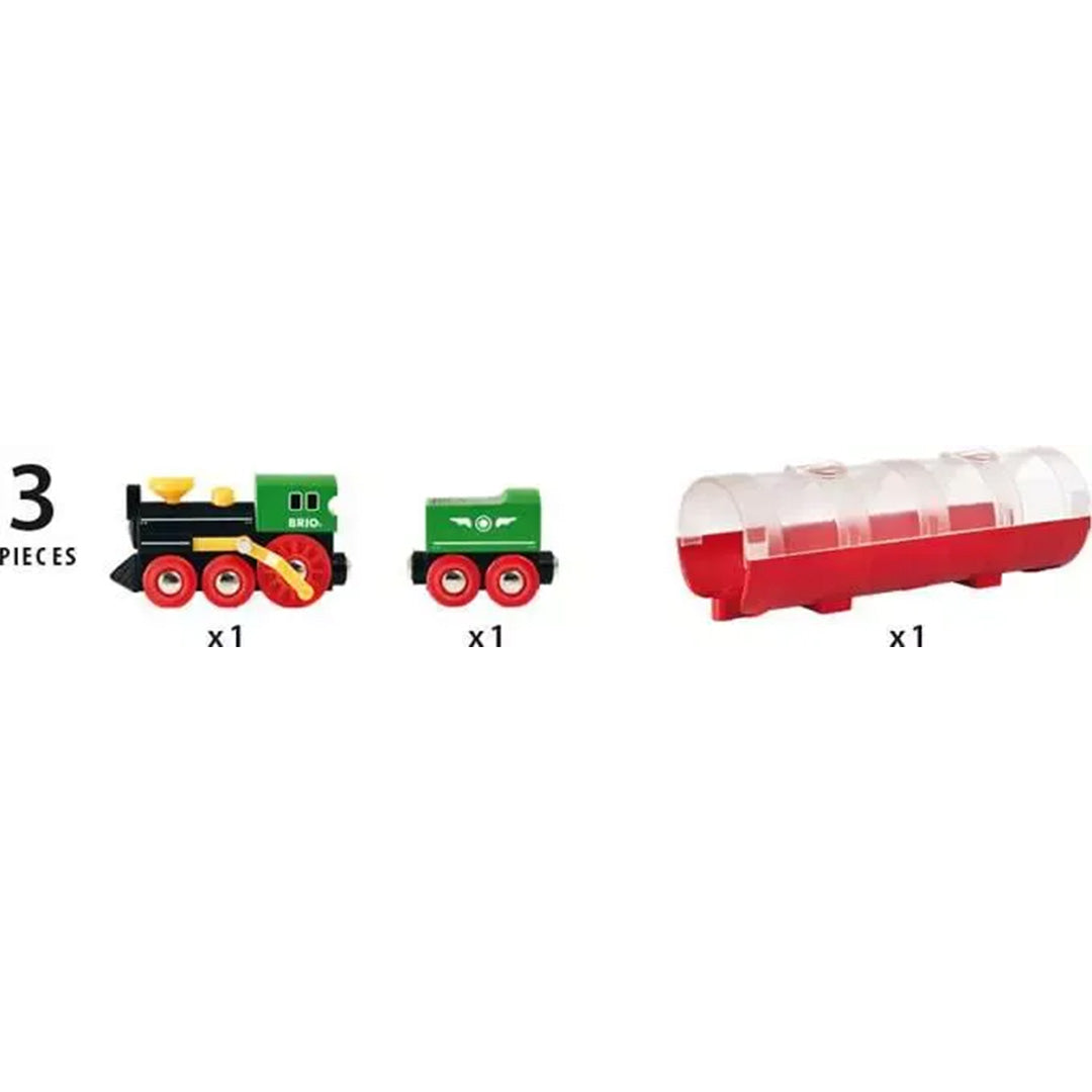 Infographic met de drie onderdelen van de set: een Brio houten stoomlocomotief, een wagon en een tunnel.
