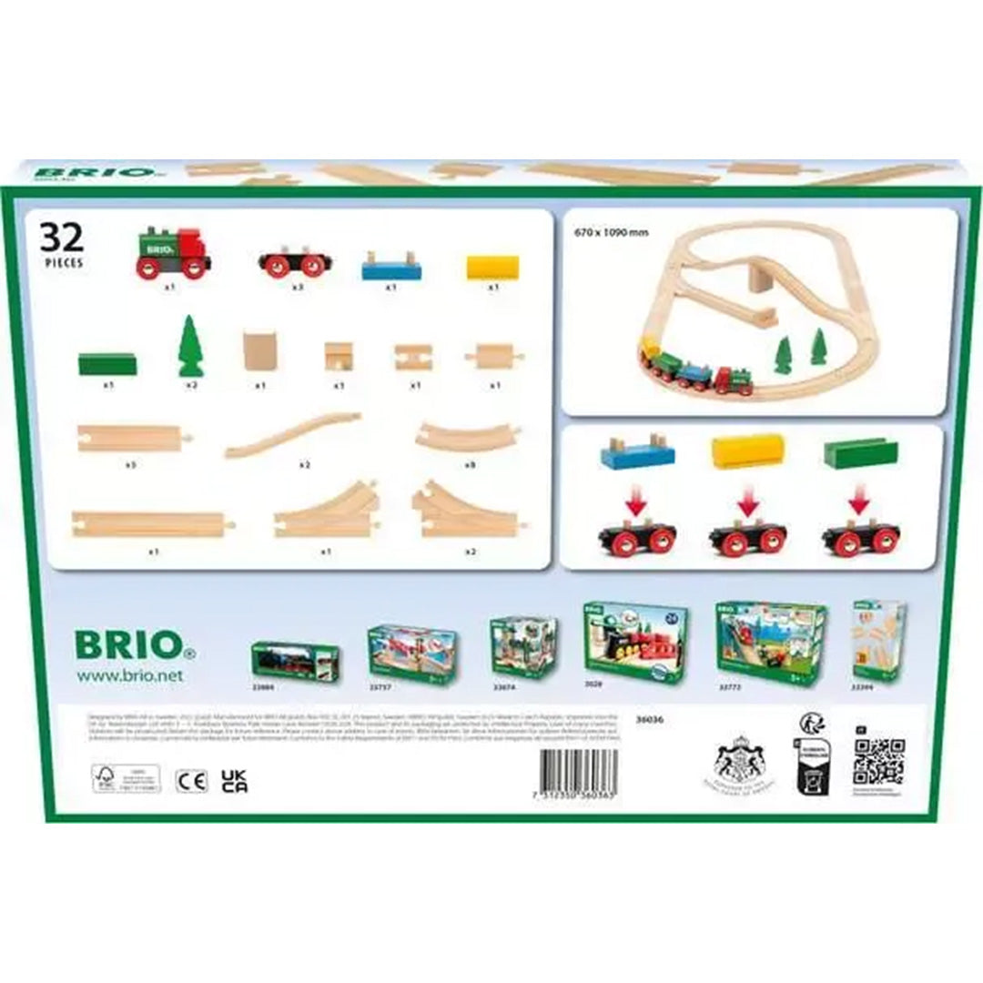 Achterkant van de Brio verpakking met een infographic van de 32 onderdelen en een overzicht van de treinbaan.