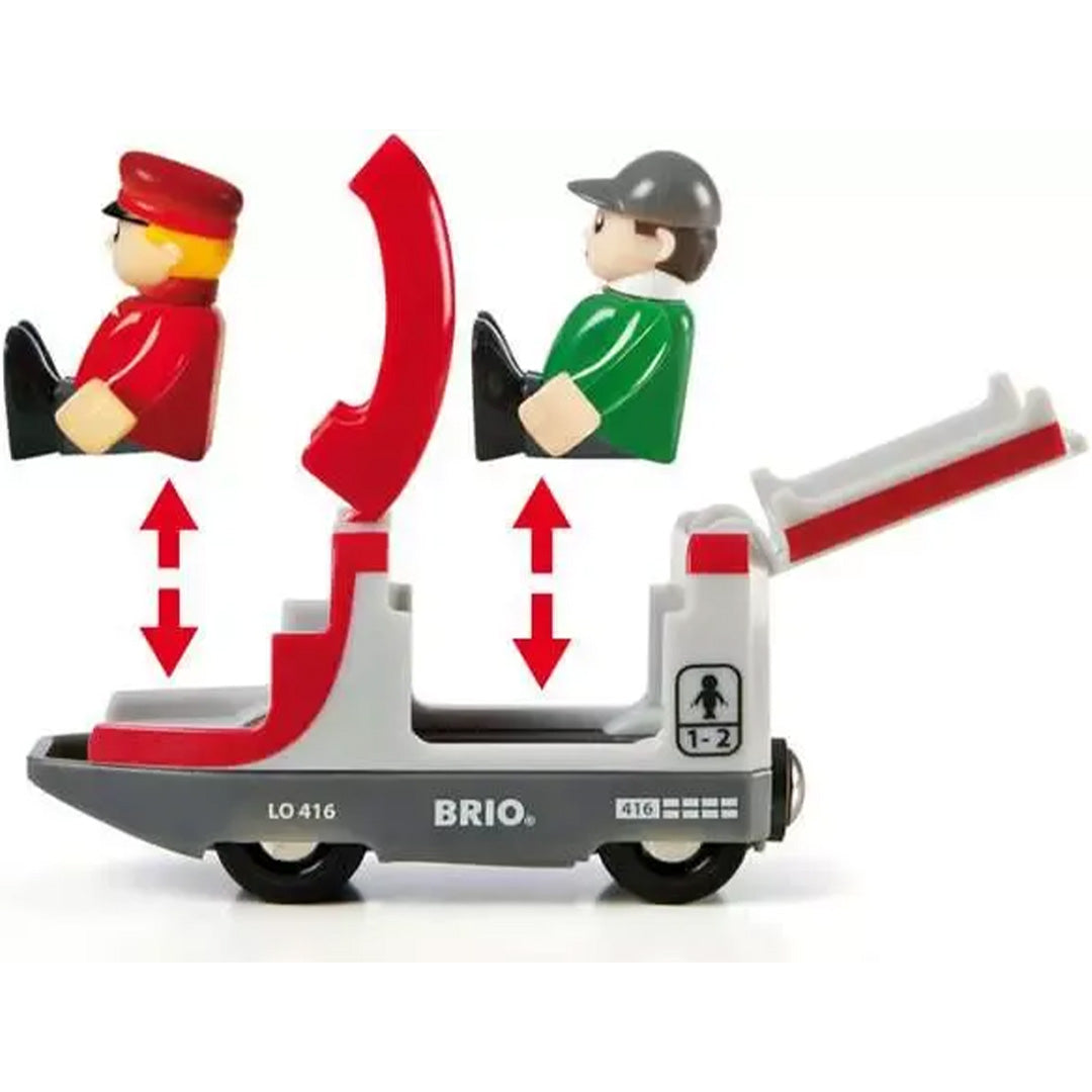 Detail van een Brio treinwagon met twee figuren die erin geplaatst kunnen worden.
