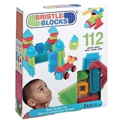 Verpakking van de Bristle Blocks bouwset met 112 kleurrijke bouwblokken en voorbeelden van constructies.