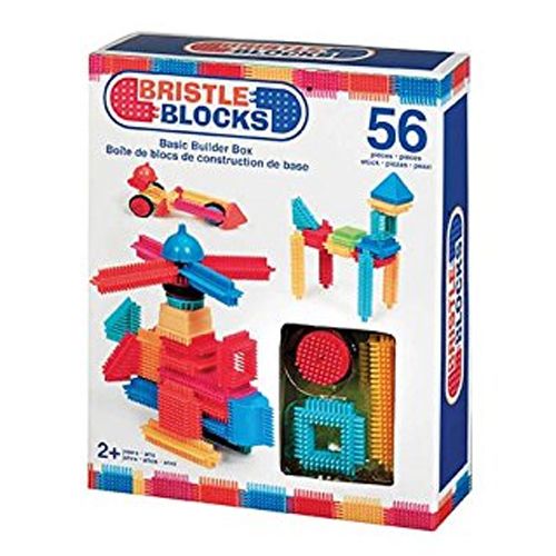 Verpakking van de Bristle Blocks bouwset met 56 onderdelen, waarop voorbeelden van bouwwerken te zien zijn.