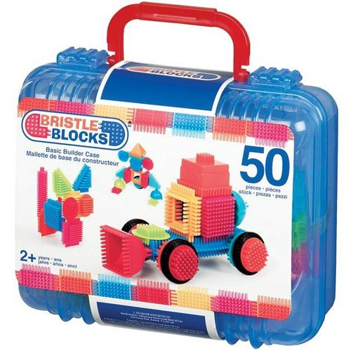 Bristle Blocks bouwset van 50 stuks in een transparante blauwe koffer, met voorbeelden van bouwwerken op de verpakking.