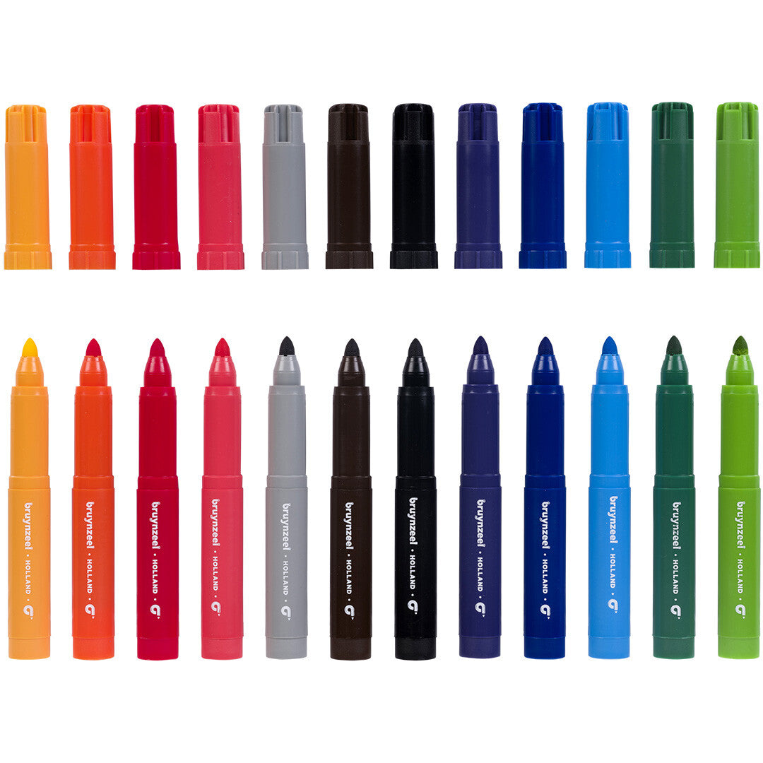 Twaalf Bruynzeel Big Point viltstiften in verschillende kleuren, met en zonder dop.
