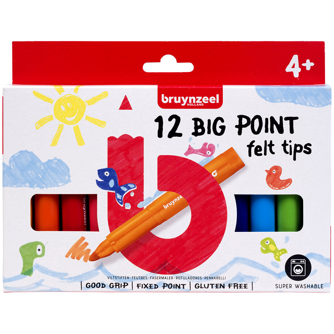 De verpakking van Bruynzeel 12 Big Point viltstiften voor kinderen vanaf 4 jaar.