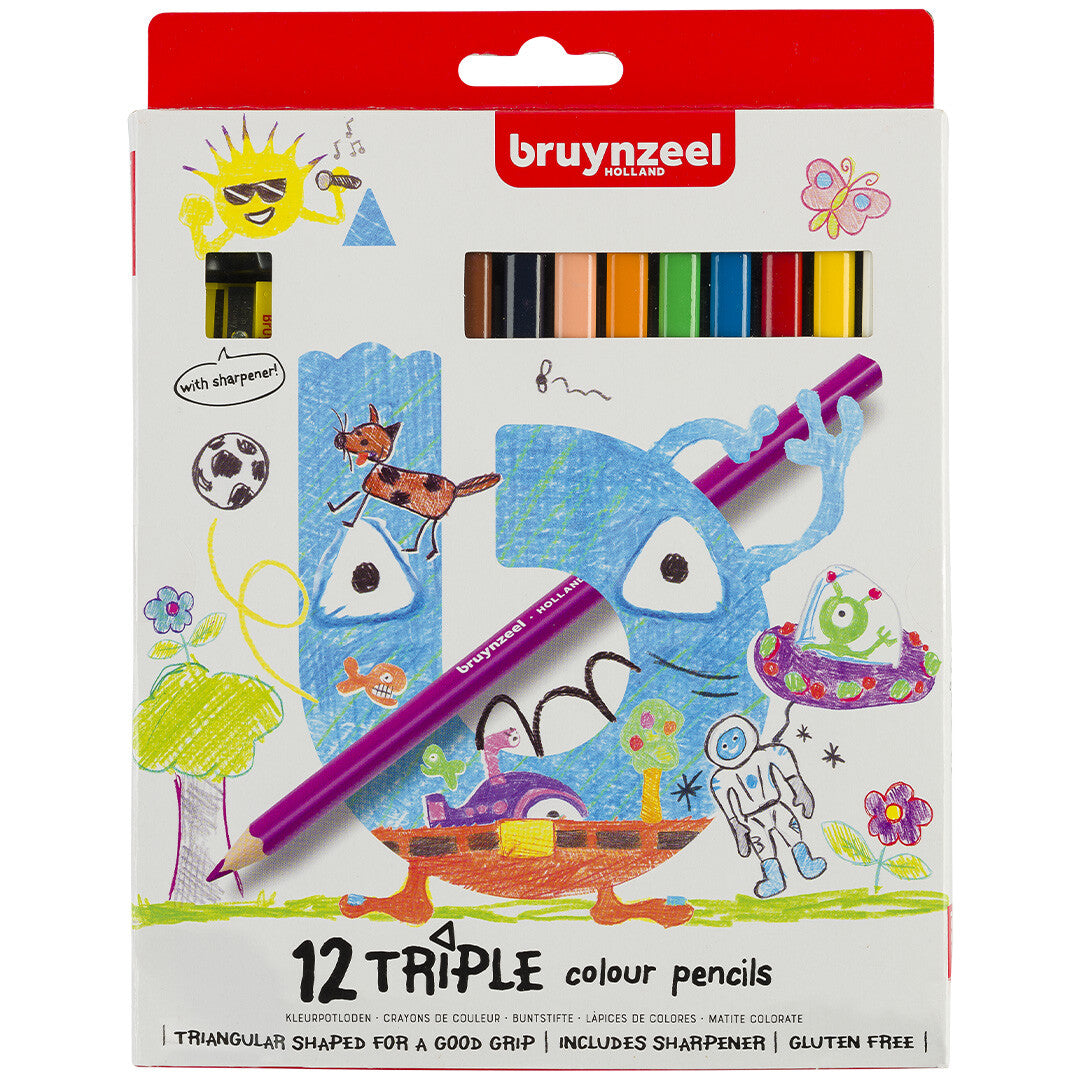 Bruynzeel verpakking van 12 driehoekige kleurpotloden voor kinderen met kleurrijke illustraties.