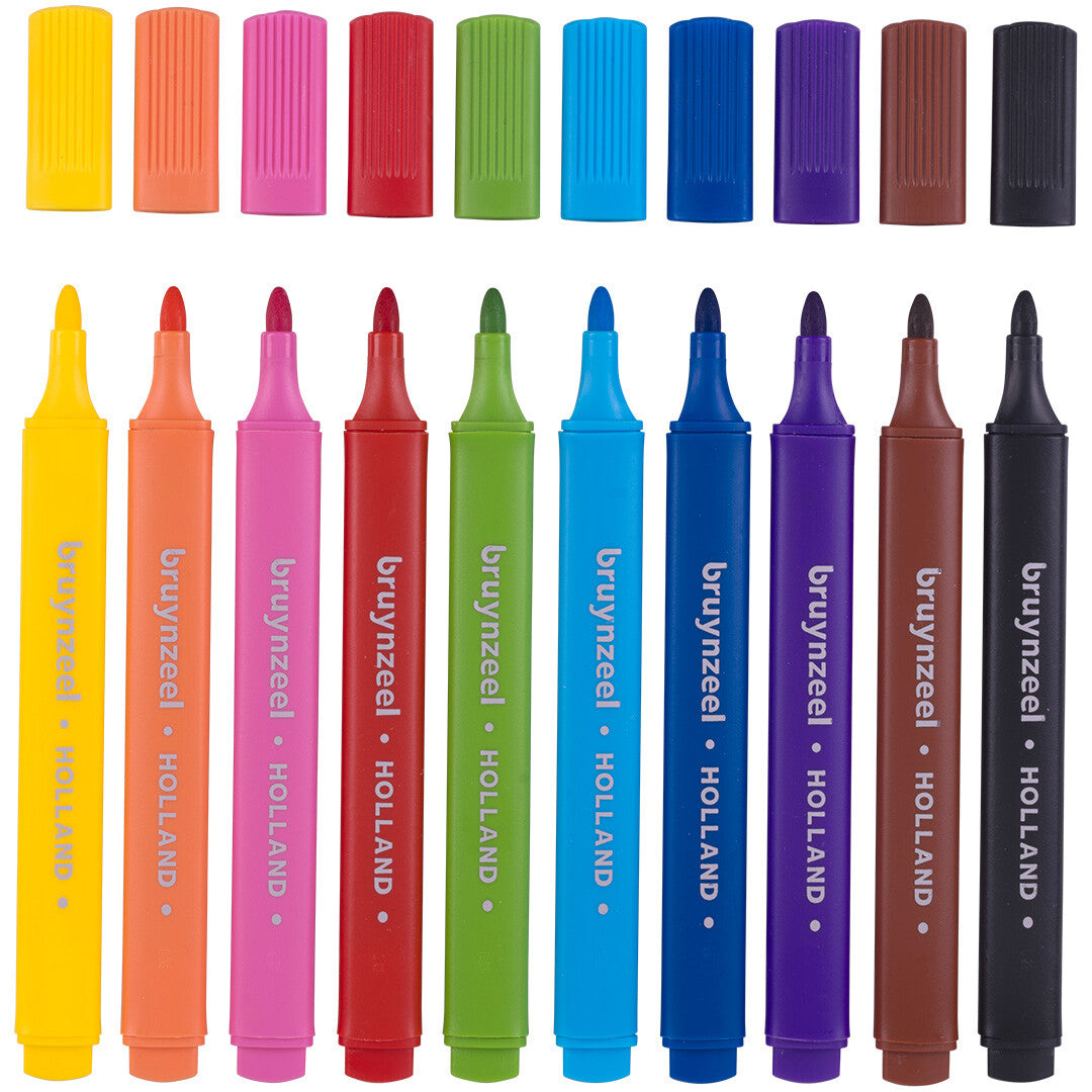 Tien Bruynzeel viltstiften in diverse kleuren, met de doppen erboven, schuin van bovenaf gefotografeerd.