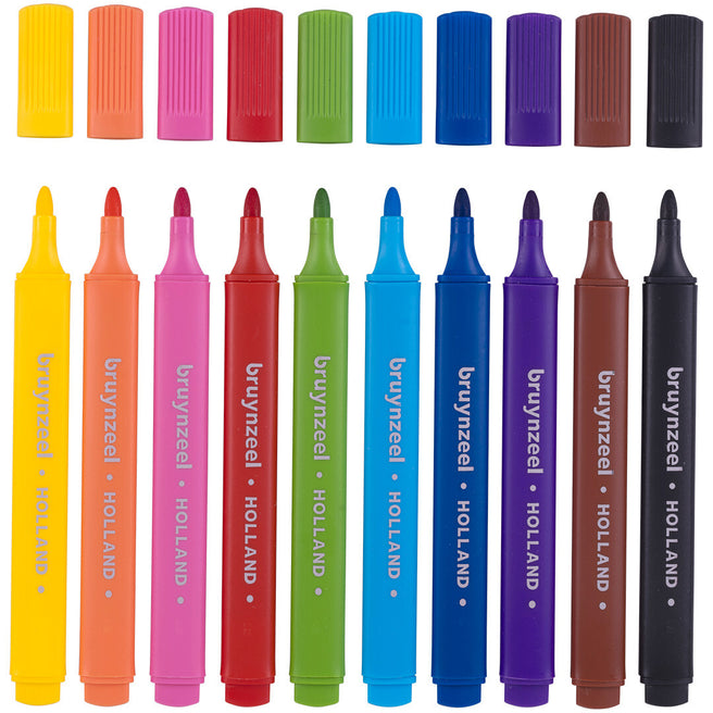 Tien Bruynzeel viltstiften in diverse kleuren, met de doppen erboven, schuin van bovenaf gefotografeerd.