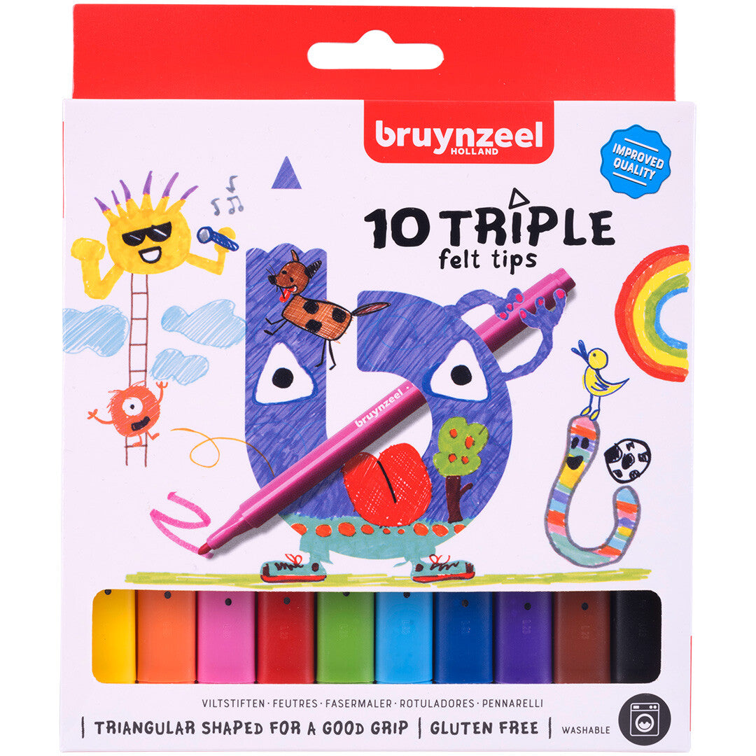 De Bruynzeel verpakking voor 10 viltstiften, met een kleurrijke illustratie van monsters en een regenboog.