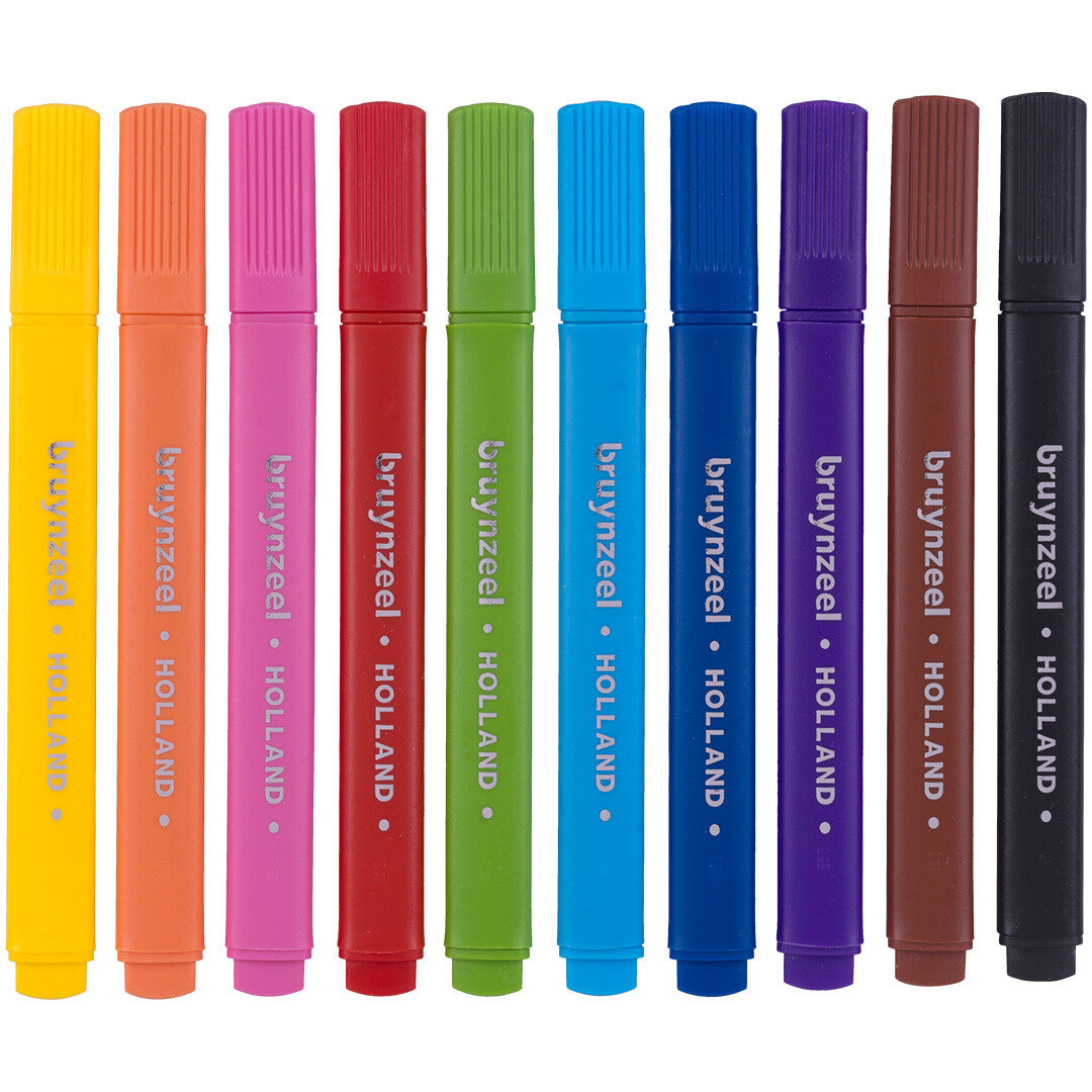 Tien Bruynzeel viltstiften in diverse kleuren, rechtopstaand en van voren gefotografeerd.