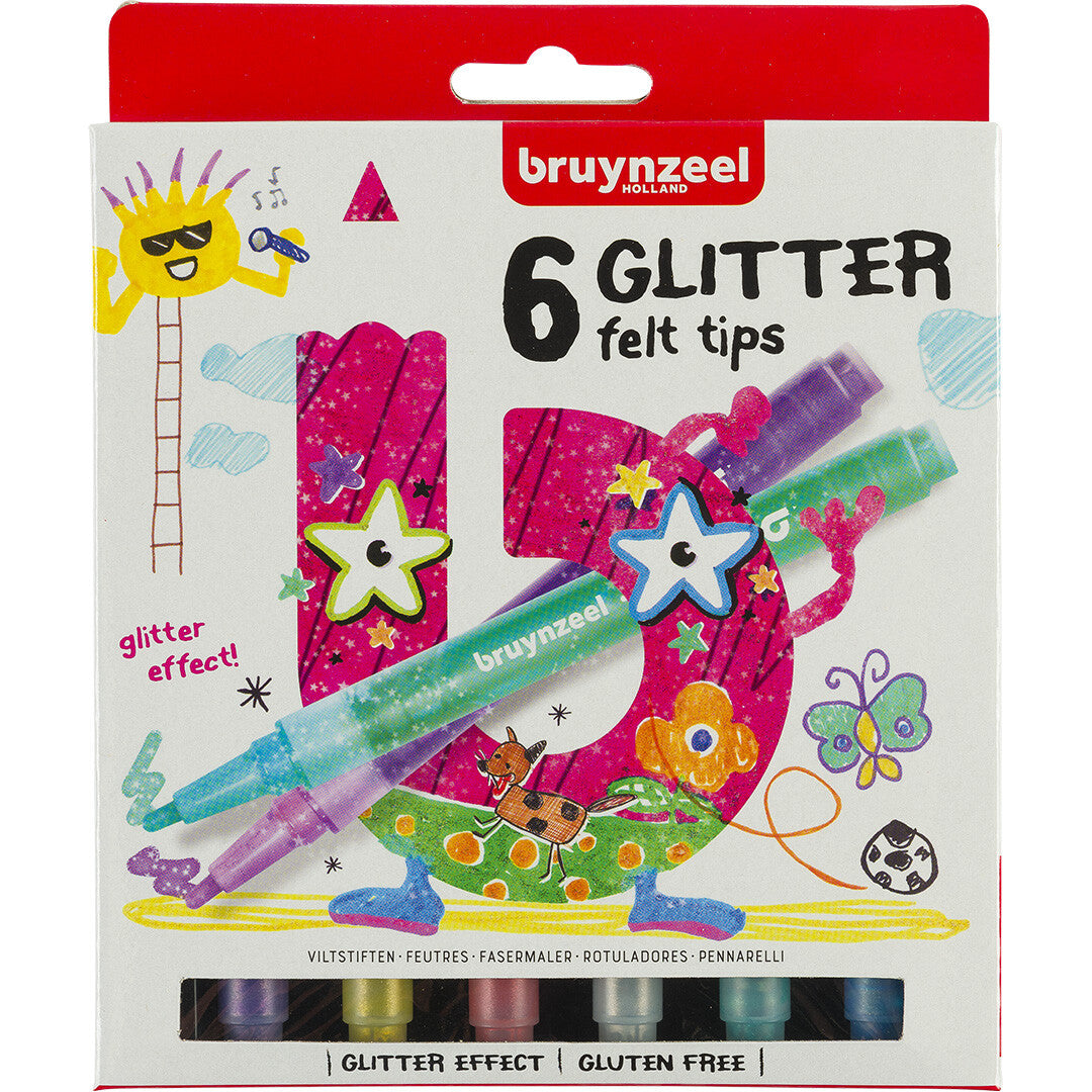 Bruynzeel Kids Glitter viltstiften verpakking met kleurrijke illustraties.