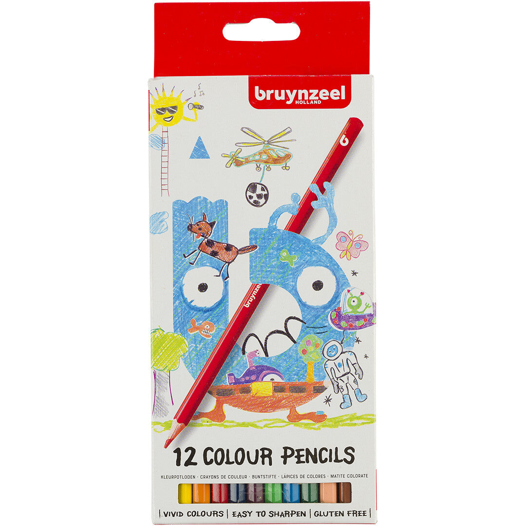 De verpakking van de Bruynzeel kids kleurpotloden met een speelse illustratie van een blauwe letter 'b'.