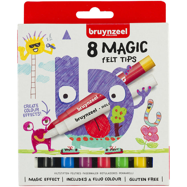 Verpakking van de bruynzeel 8 magische viltstiften met kleurrijke illustraties van monsters en een zon.