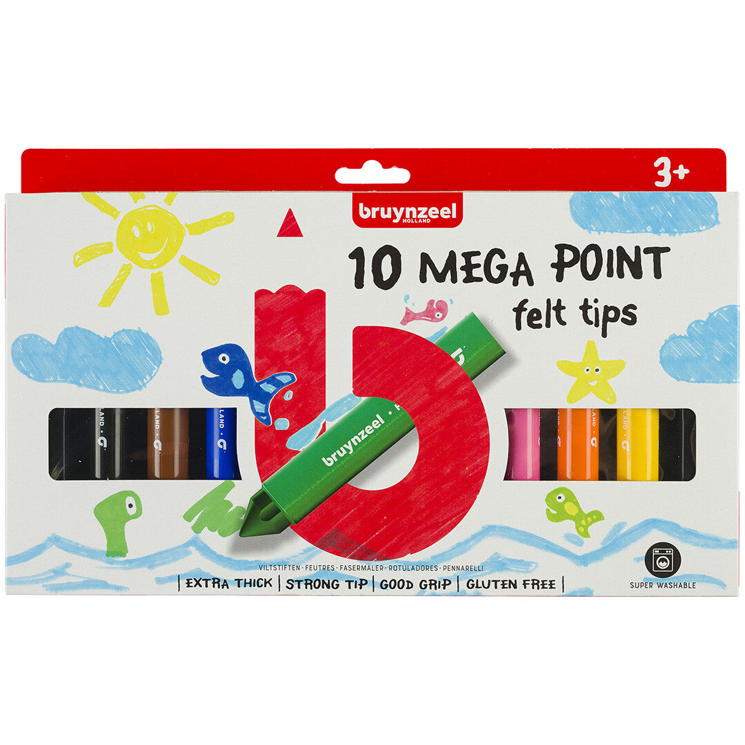 Bruynzeel Kids Mega Point viltstiften verpakking met tekeningen van zon, wolken en vissen.