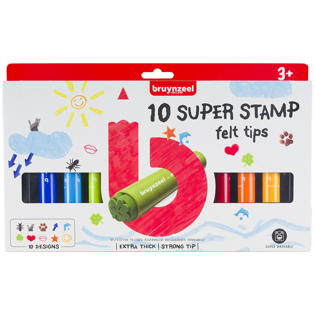 De verpakking van de Bruynzeel 10 Super Stamp viltstiften met afbeeldingen van stempelfiguren.