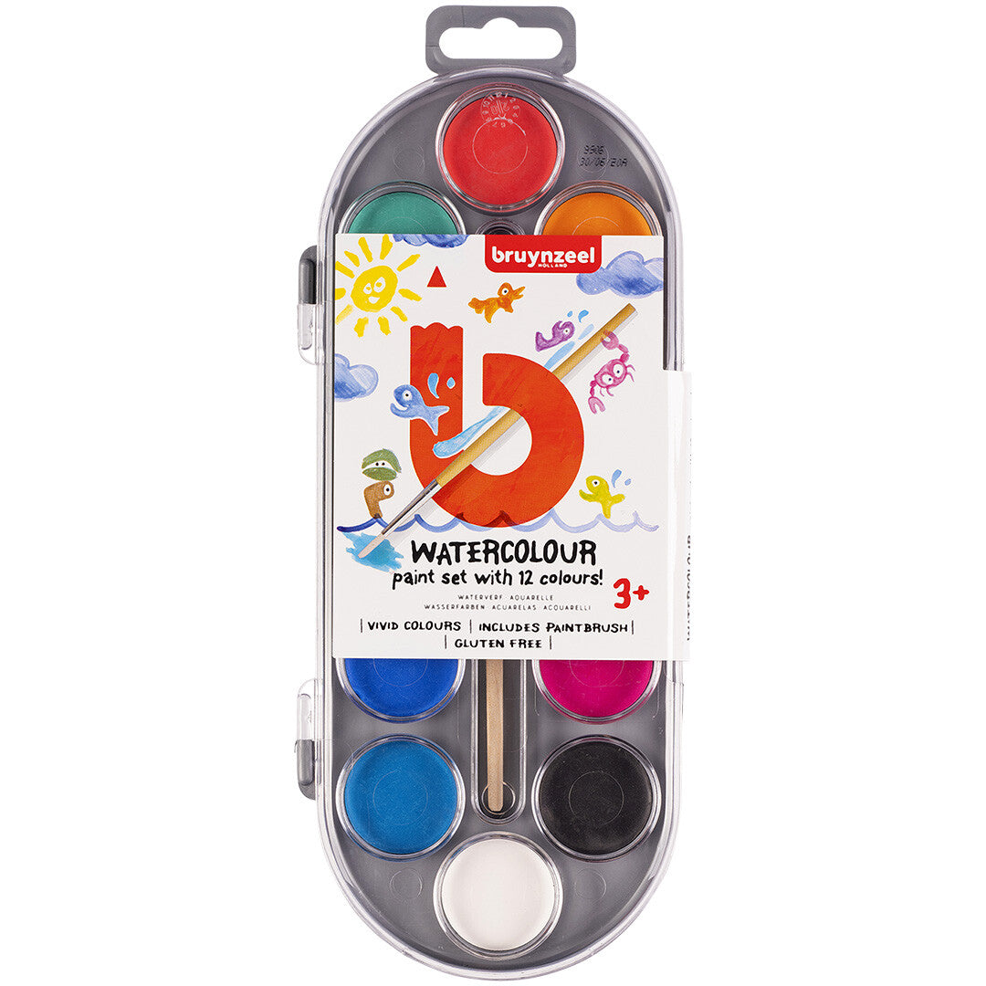 De Bruynzeel waterverfset voor kinderen met 12 kleuren in gesloten verpakking.