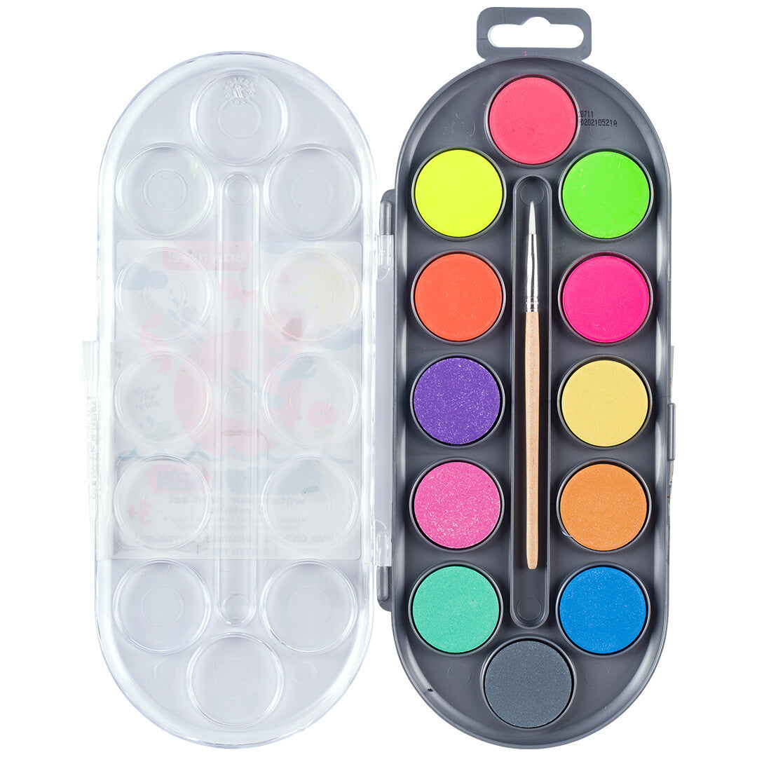 Bruynzeel kids waterverfset met 12 neon en metallic kleuren en een penseel, opengeklapt.