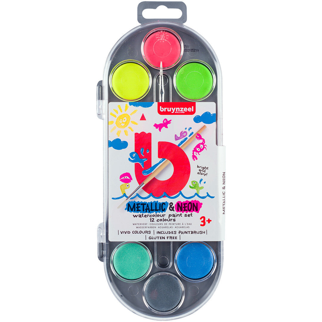 Verpakking van de Bruynzeel kids waterverfset met 12 metallic en neon kleuren en penseel.
