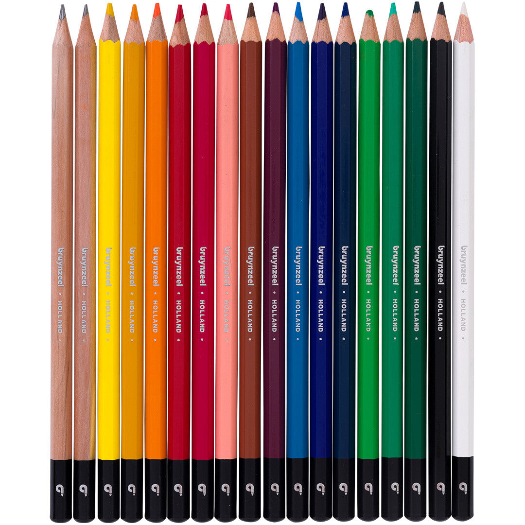 Bruynzeel kleurpotloden in 18 verschillende kleuren, liggend naast elkaar.