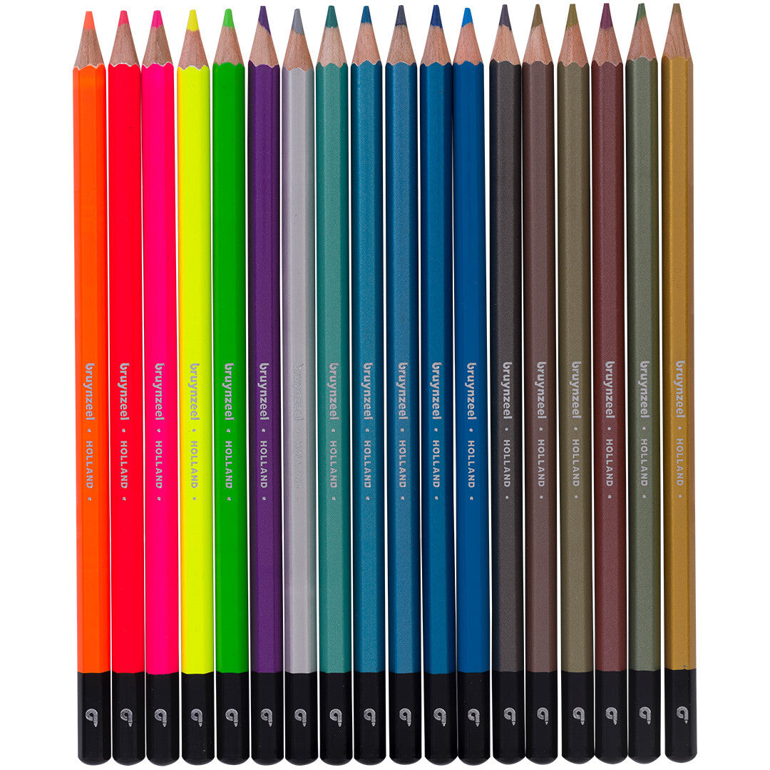 Een rij van 18 Bruynzeel kleurpotloden in neon en metallic kleuren, verticaal geordend.