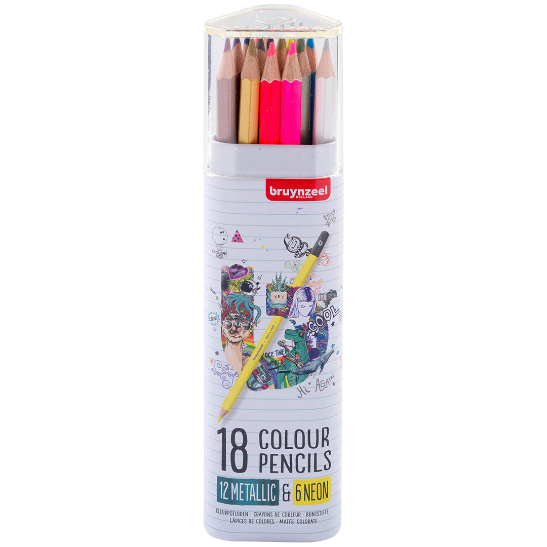 De cilindervormige verpakking van Bruynzeel kleurpotloden met 12 metallic en 6 neon kleuren.