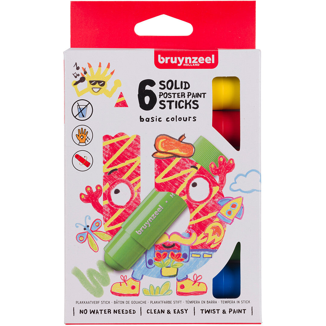 De Bruynzeel verpakking van zes plakkaatverf stiften in basic kleuren.