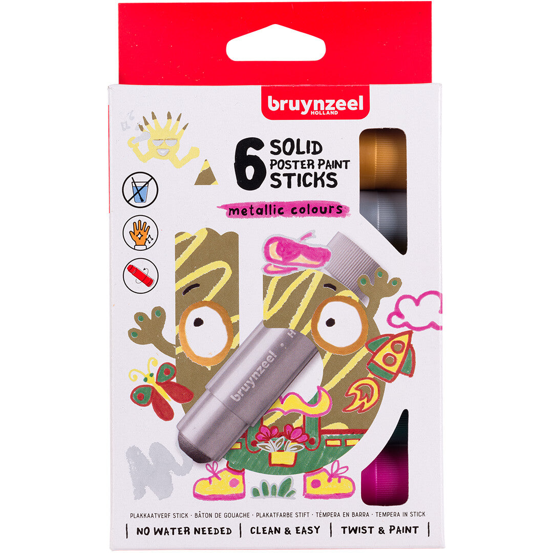 De voorkant van de Bruynzeel verpakking voor zes metallic solid poster paint sticks.