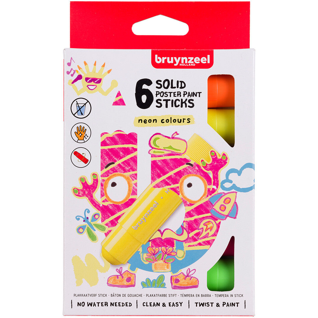 De voorkant van de Bruynzeel verpakking voor 6 neon verfstiften.
