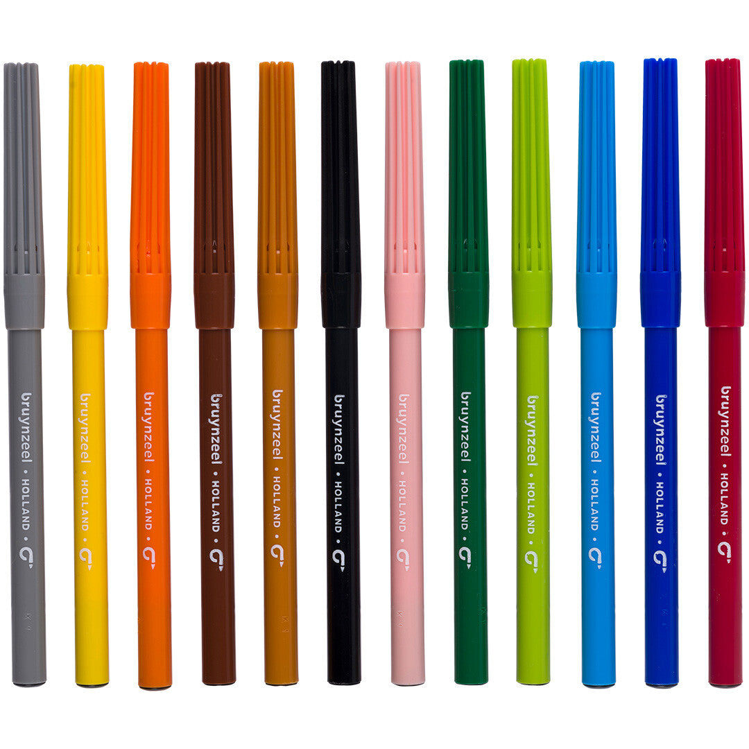 Een rij van 12 Bruynzeel viltstiften in verschillende kleuren.