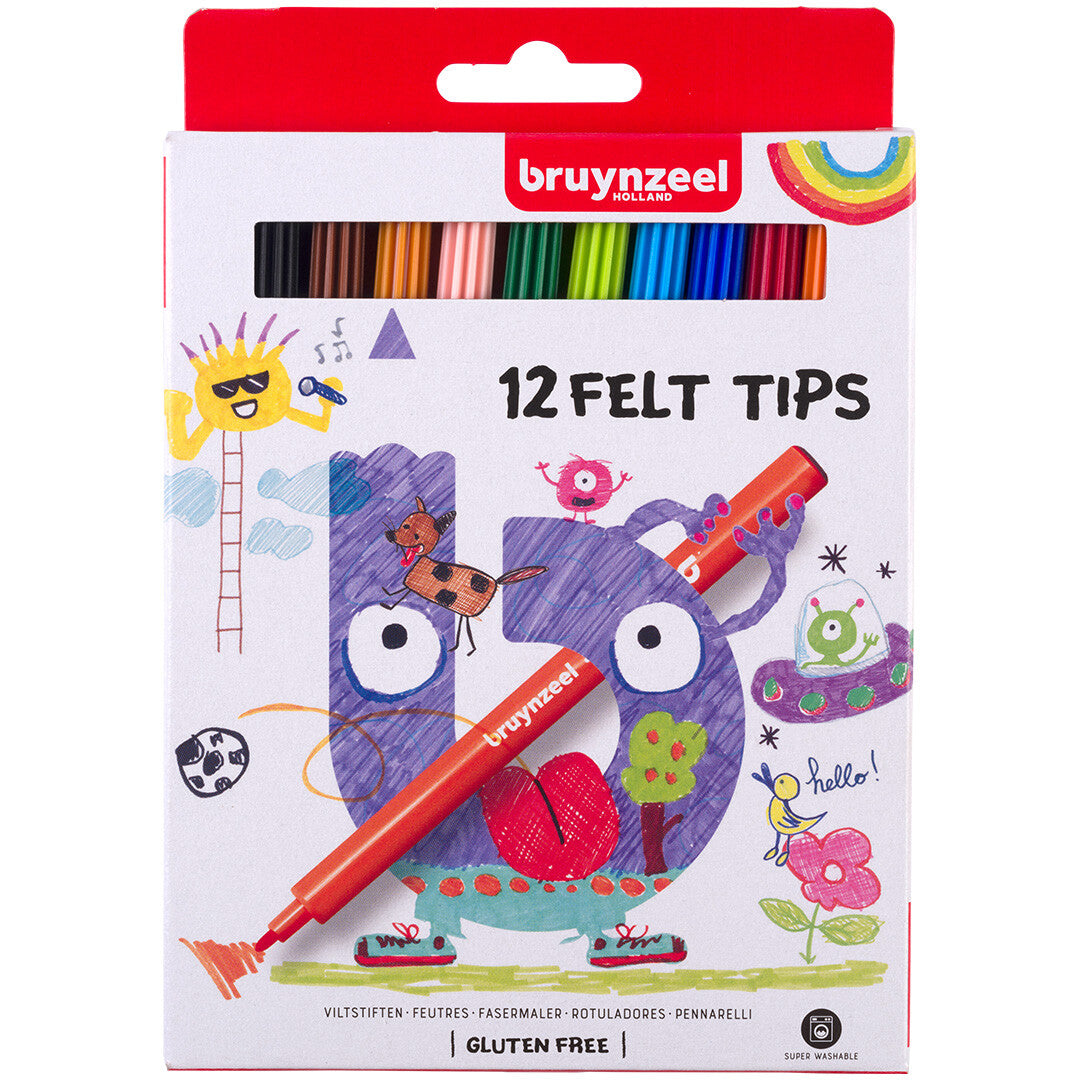 De voorkant van de Bruynzeel verpakking voor 12 viltstiften met kleurrijke illustraties.