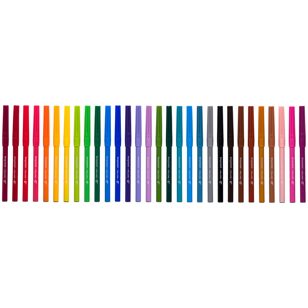 Een rij van 30 Bruynzeel viltstiften in diverse kleuren.