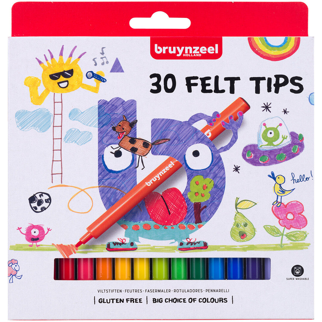 De verpakking van de Bruynzeel viltstiften met kleurrijke tekeningen en een oranje stift.