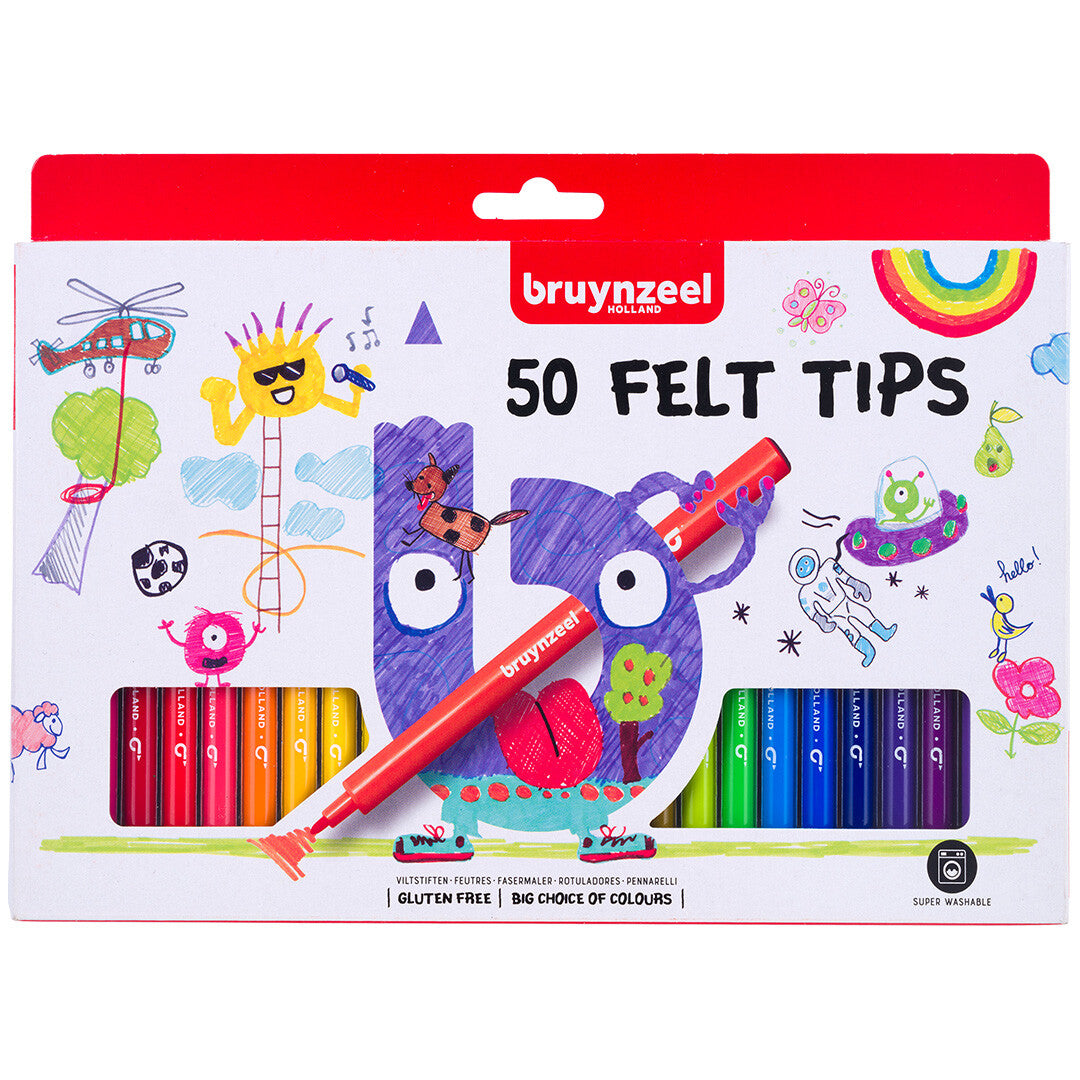 Verpakking van Bruynzeel 50 viltstiften met kleurrijke tekeningen en een rode stift.