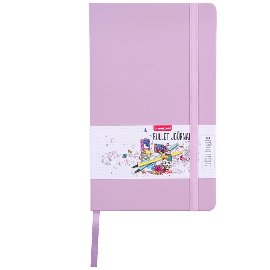 Bruynzeel lila bullet journal voor kinderen met een papieren band om de voorkant.