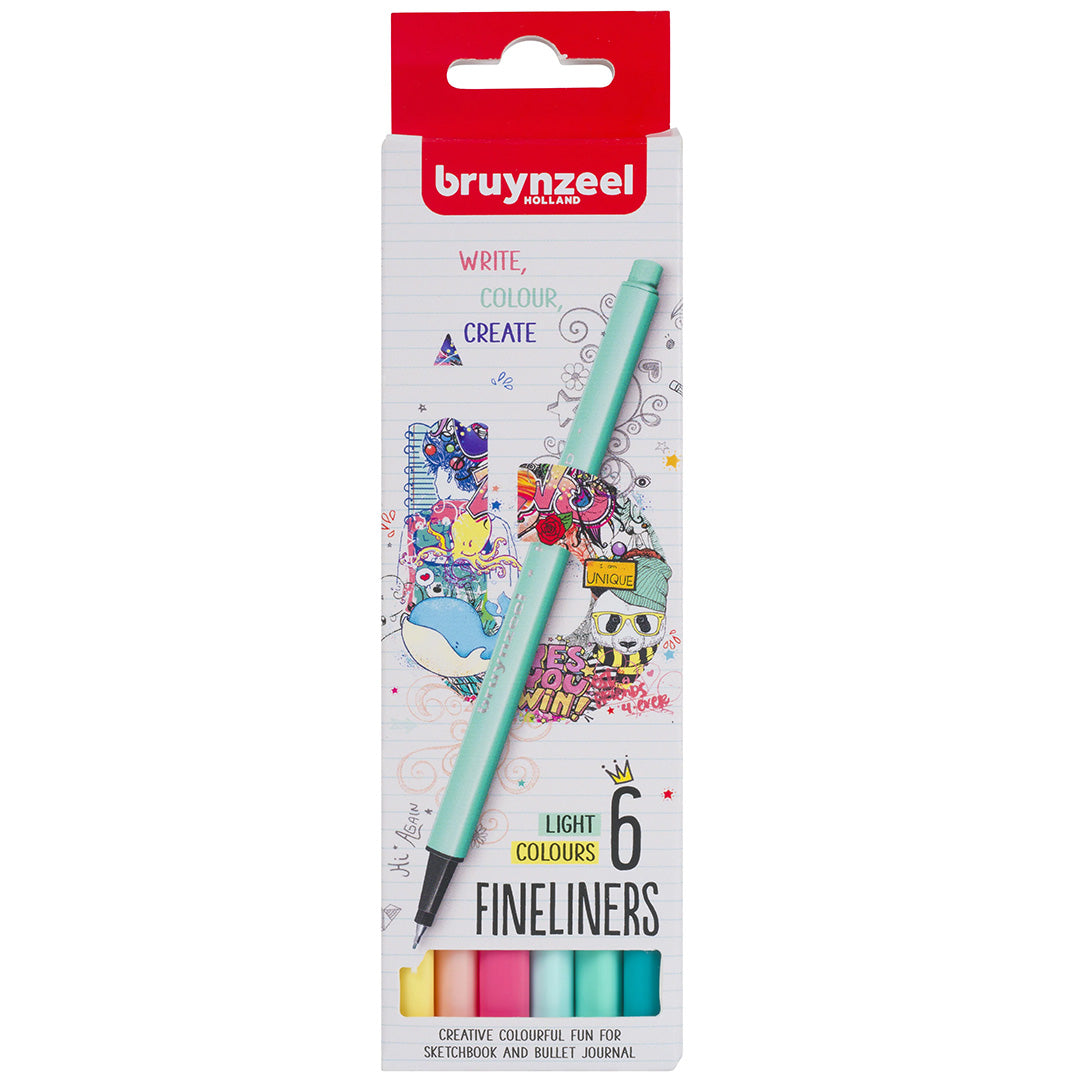 Bruynzeel verpakking van zes lichtgekleurde fineliners.