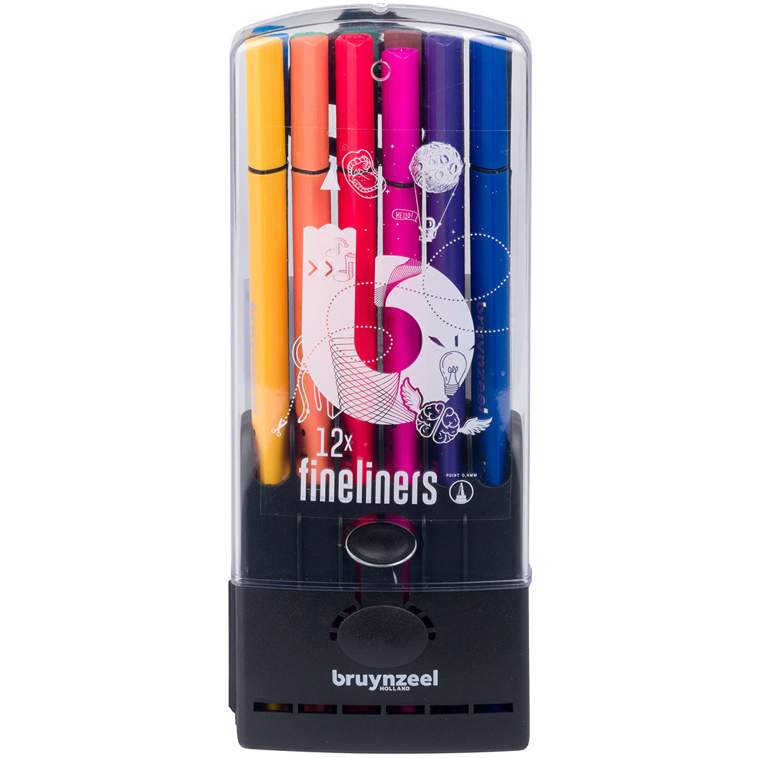 Bruynzeel fineliners set van 12 in een transparante verpakking met zwarte houder.