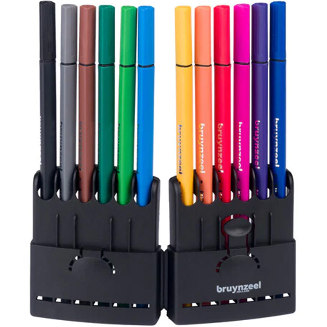 Bruynzeel fineliners in twee zwarte, opvouwbare pennenhouders, gesorteerd op kleur.
