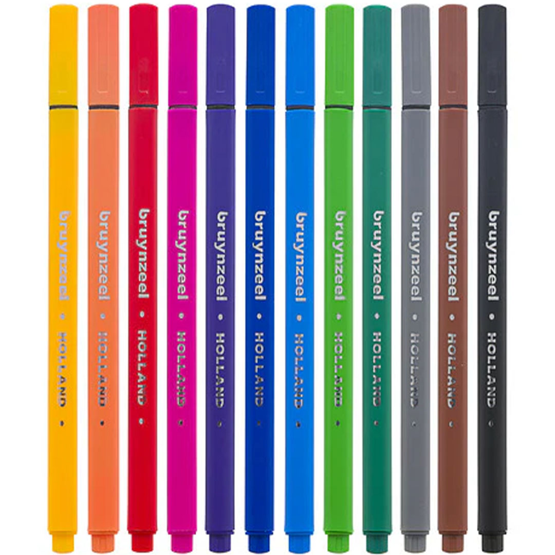 Bruynzeel set van 12 fineliners in verschillende basiskleuren, staand naast elkaar.