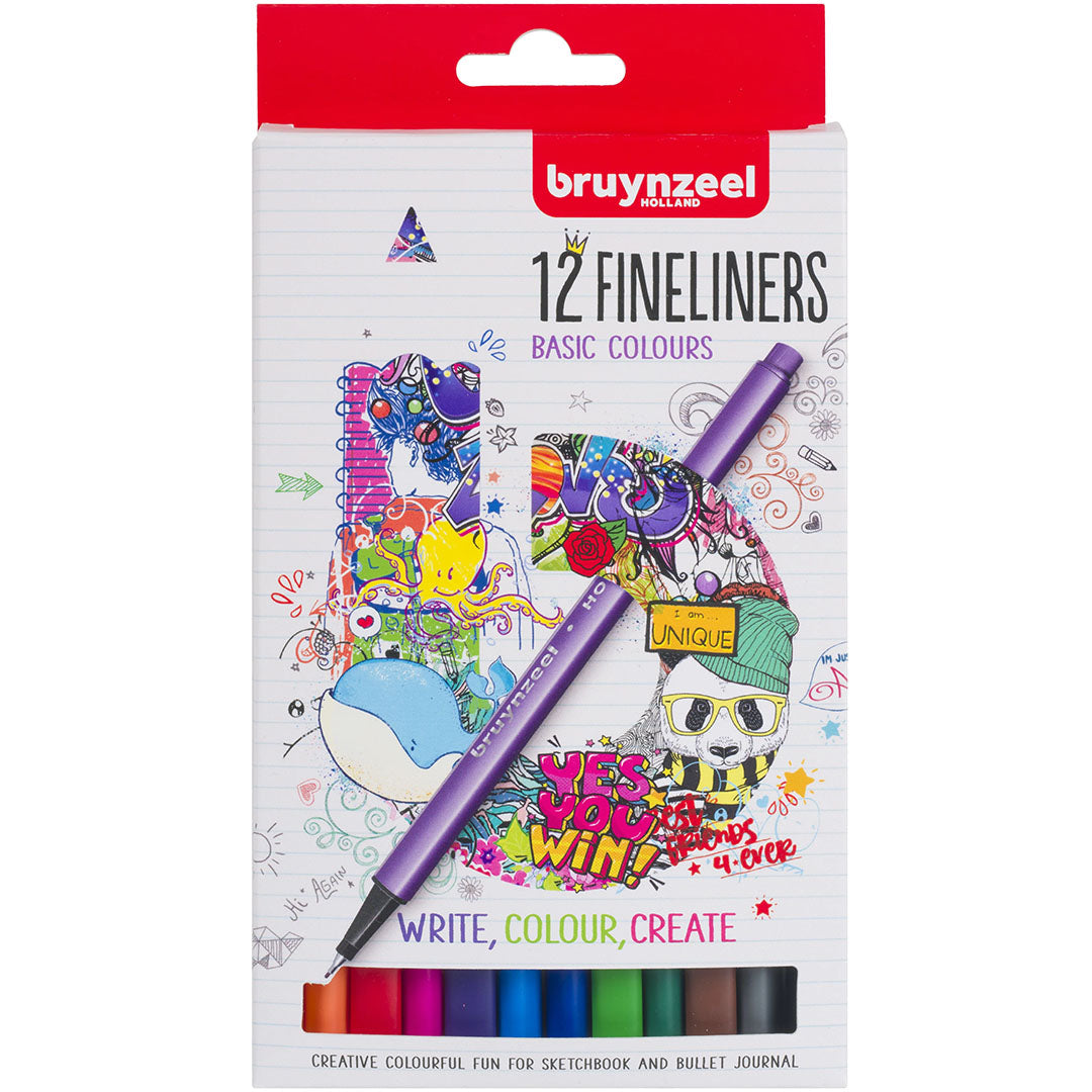 Bruynzeel verpakking van 12 fineliners in basiskleuren met een paarse pen en illustraties.