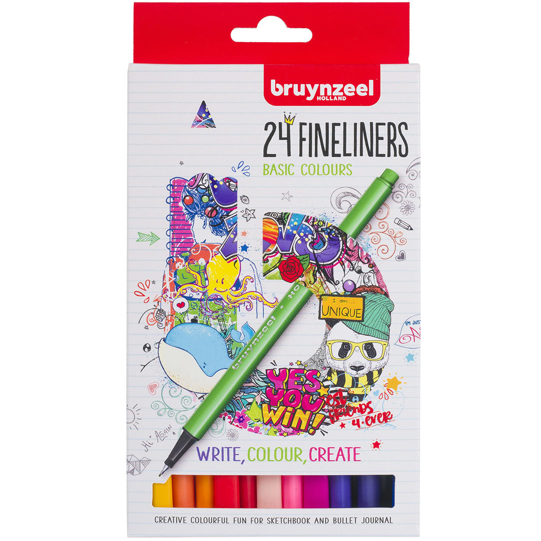 Verpakking van Bruynzeel fineliners met een kleurrijke illustratie.