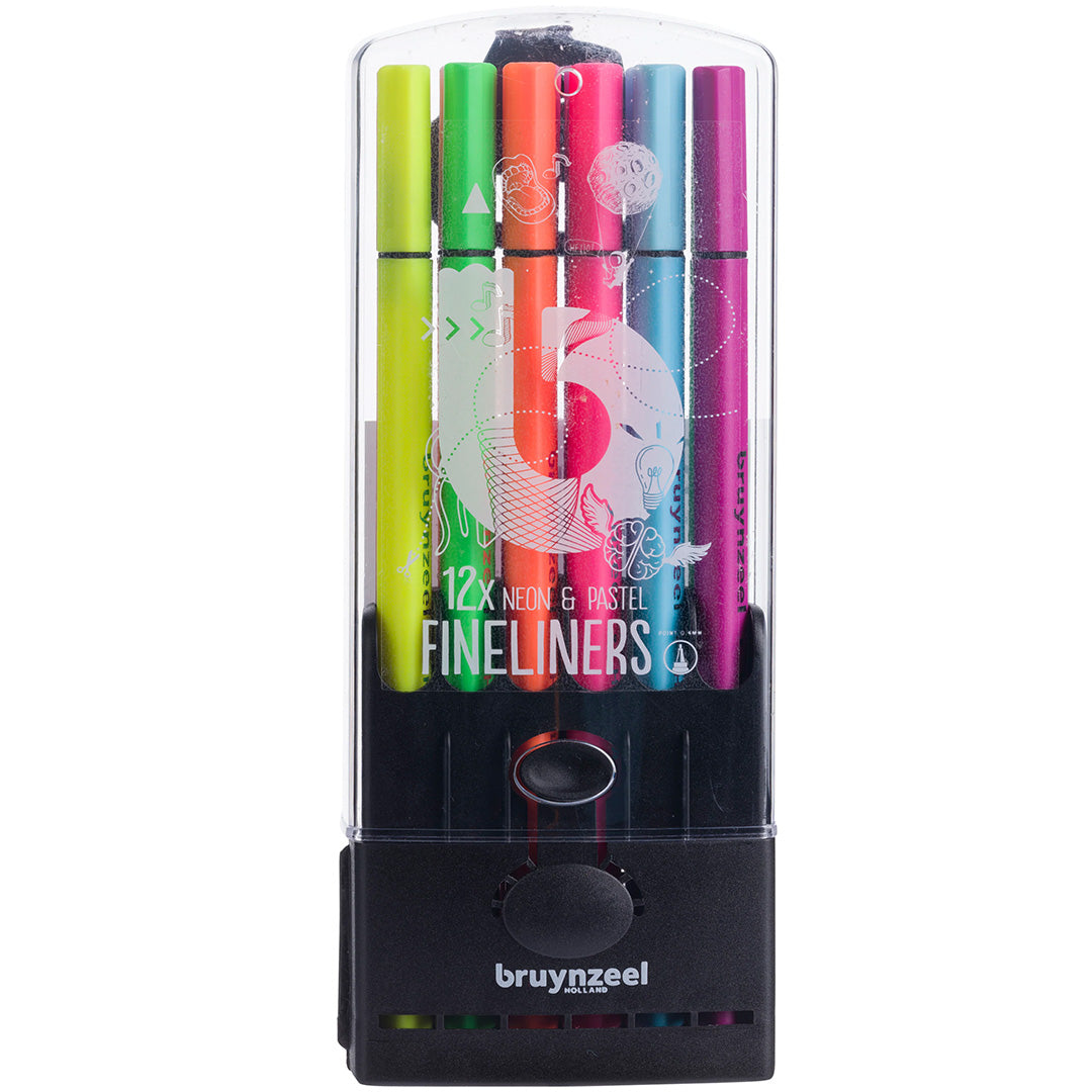Bruynzeel verpakking met 12 neon en pastel fineliners in een transparante houder.