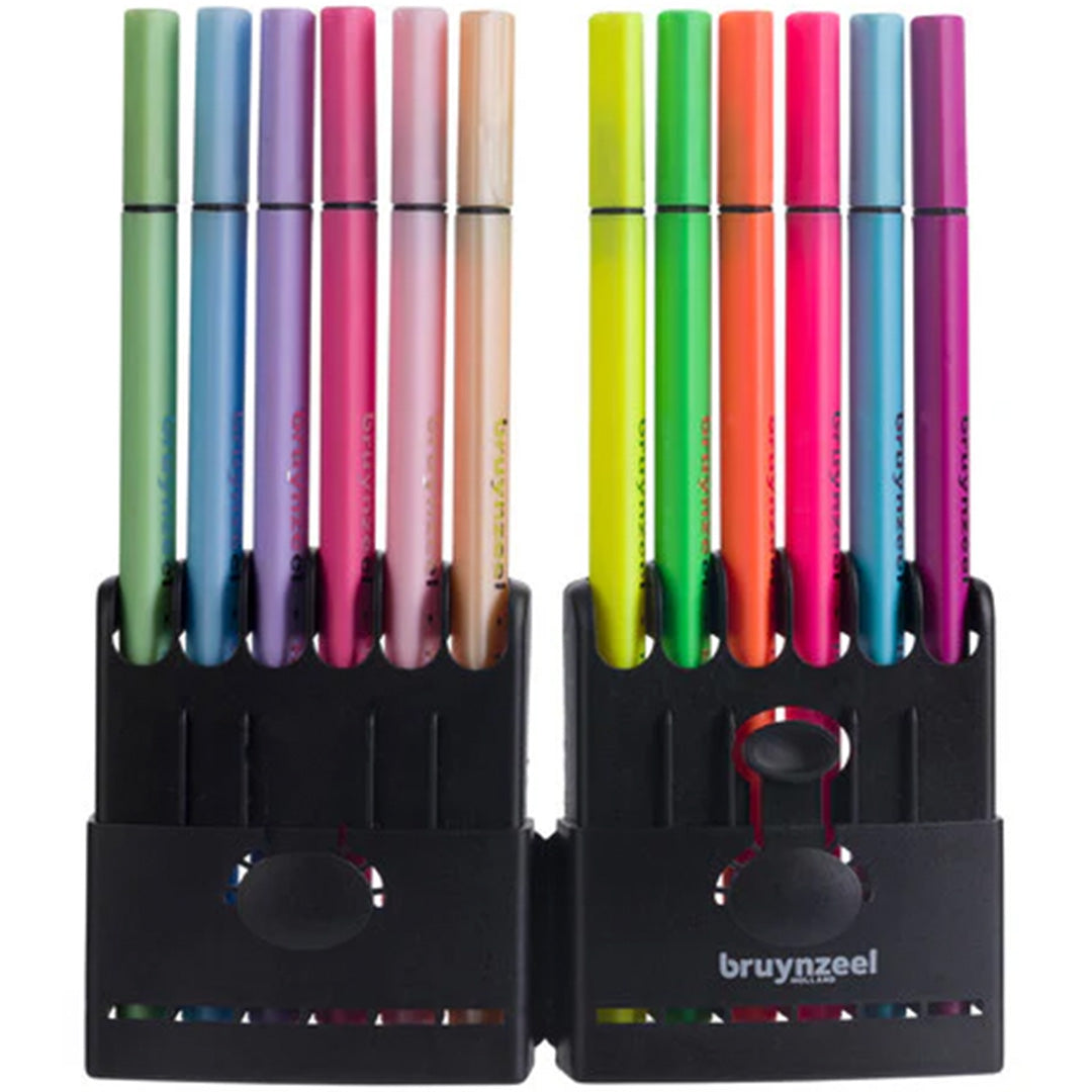 Bruynzeel set van 12 neon en pastel fineliners in twee zwarte pennenstandaards.
