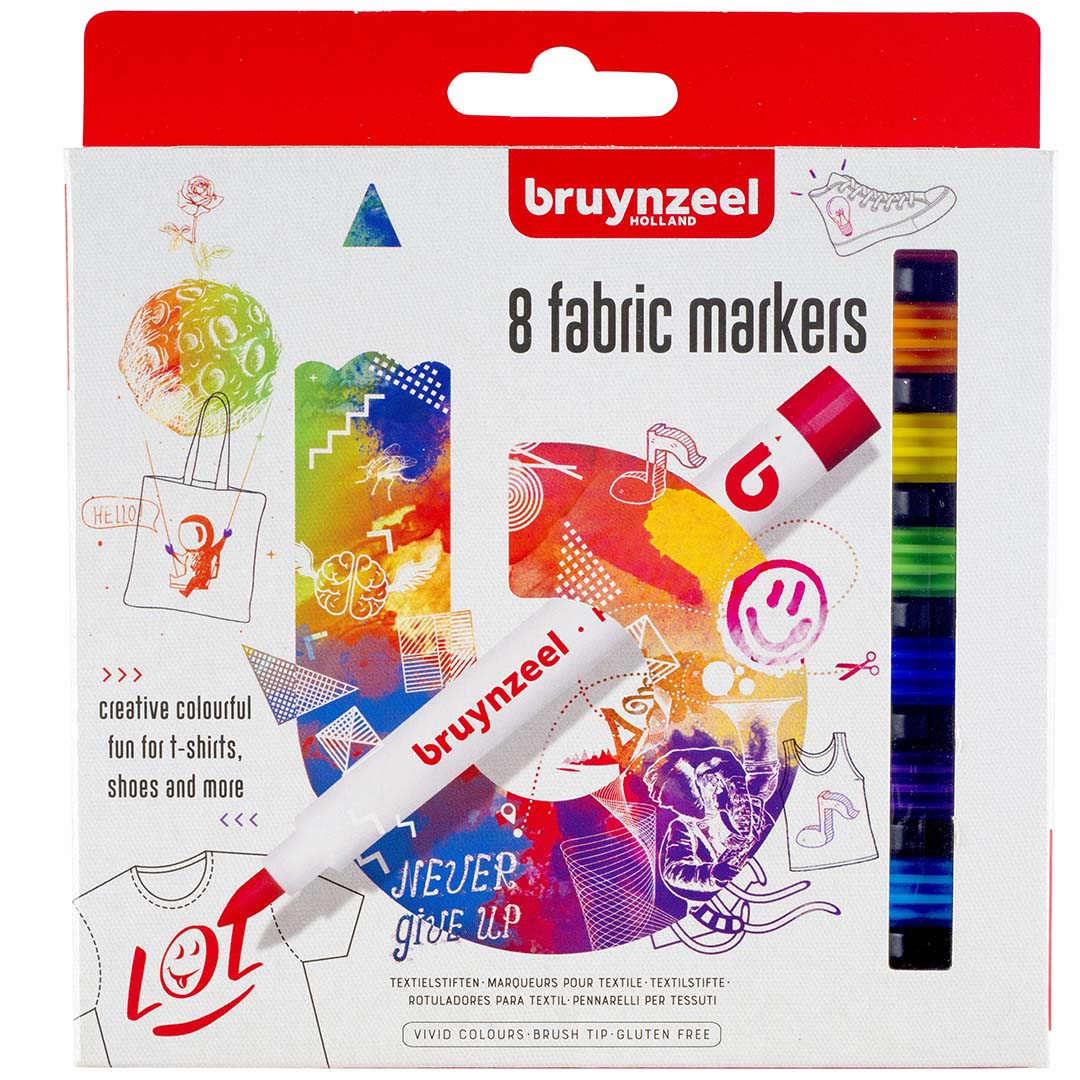 Verpakking van de Bruynzeel textielstiften set met 8 stiften en kleurrijke illustraties.