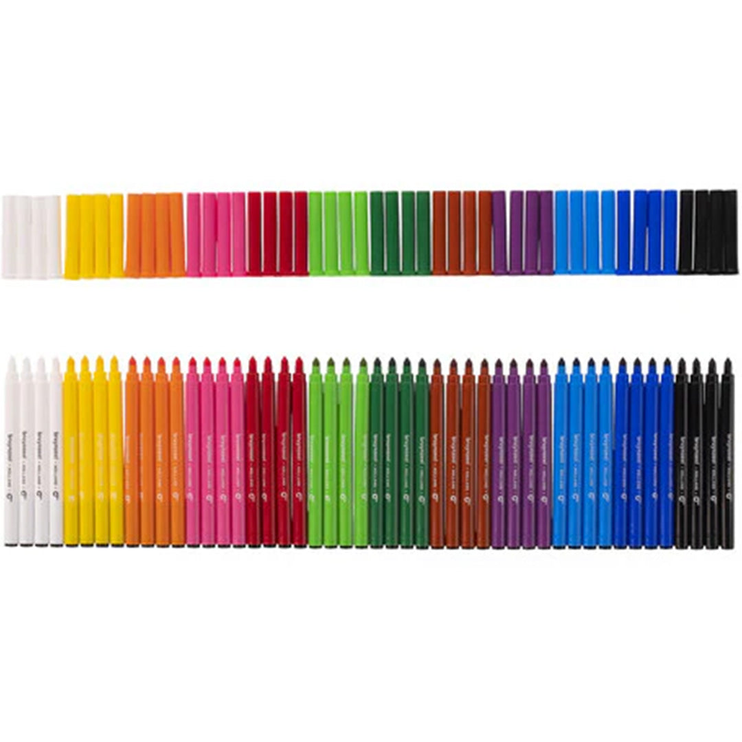 Een overzicht van 48 Bruynzeel viltstiften in diverse kleuren, met losse doppen.